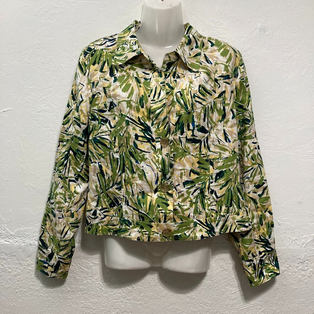 Dana Buchman Linen Skirt 6/Jacket 4 Set 2 Piece Floral Tropical Embroidery Green